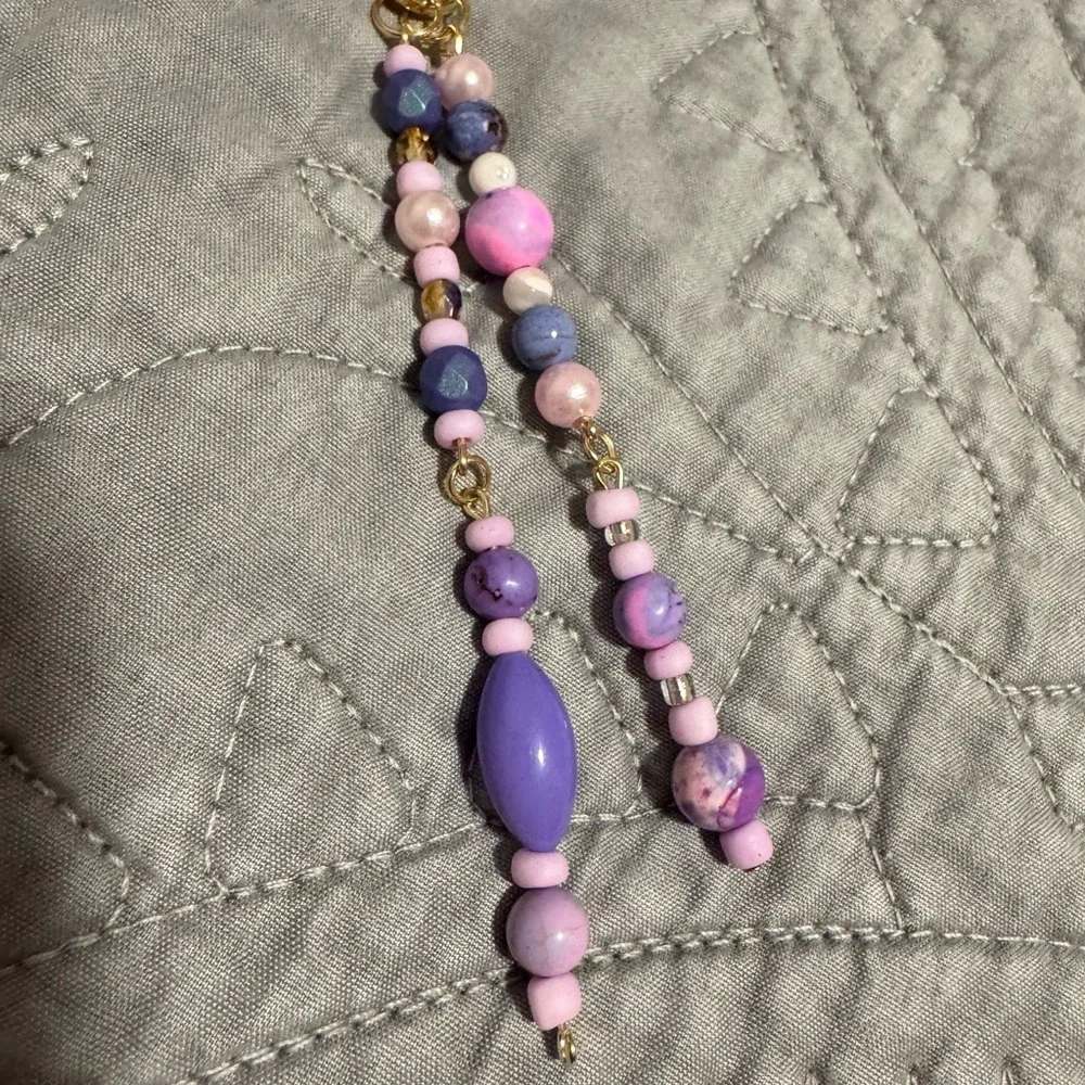 Boho Purple and Pink Beaded Bag Charm Keychain with Gold Colored Hardware